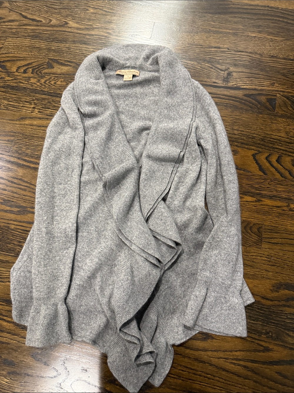 Marisa Christina Gray Cashmere Ruffle-Front Open Cardigan